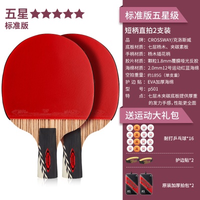 【标准版五星级2支装】短柄直拍+送16个球、2个护边贴、2原装加厚拍包