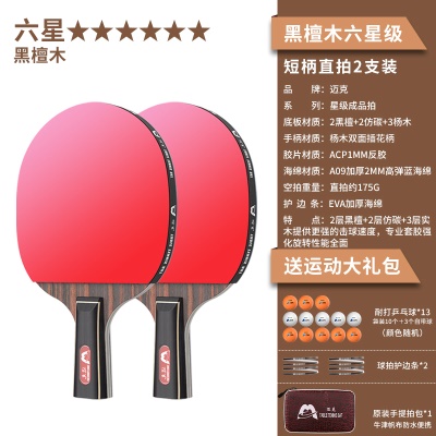【六星级】短柄直拍2支/送13个三星球+收纳包+护边条