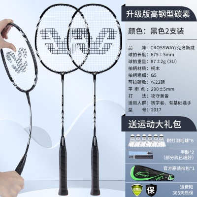 主图热卖款【高钢型碳素双拍】黑色+送6个羽毛球、2手胶、原装拍包