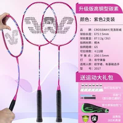 【升级版高刚性碳素双拍】紫色+送6个羽毛球、2手胶、原装拍包