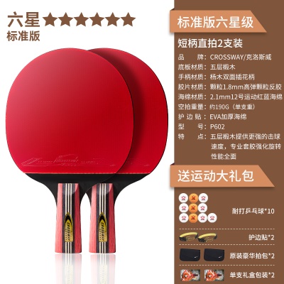 【标准版六星级2支装】短柄直拍+送10个球、2个护边贴、2原装豪华拍包