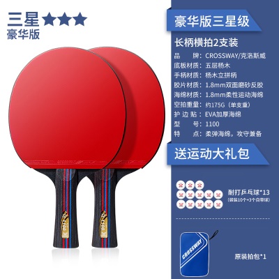 【豪华版三星级2支装】长柄横拍-送13个球、拍包