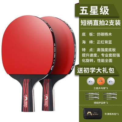 【五星级】短柄直拍两支，送3个三星球+护边条+拍包